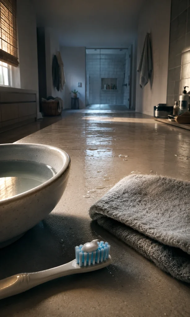 Prepared toothbrush and washcloth close by while full hygiene routine remains far away