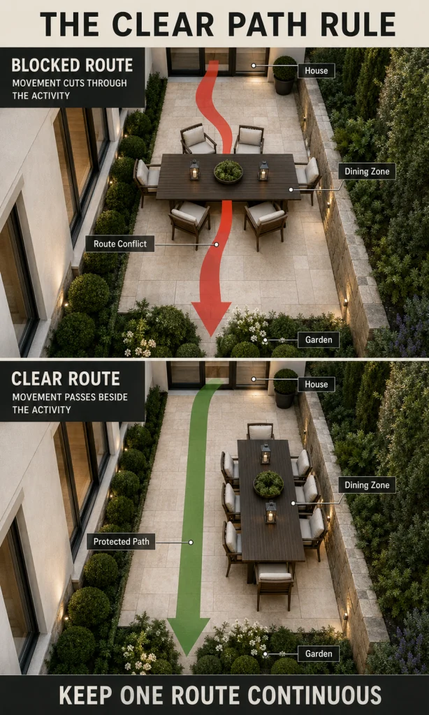 Small patio circulation diagram showing a blocked route compared with a clear route beside the seating area