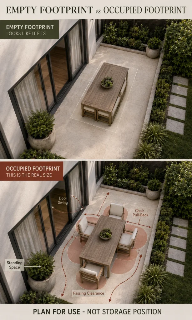 Patio floor plan showing dining furniture tucked in compared with chairs pulled out and occupied