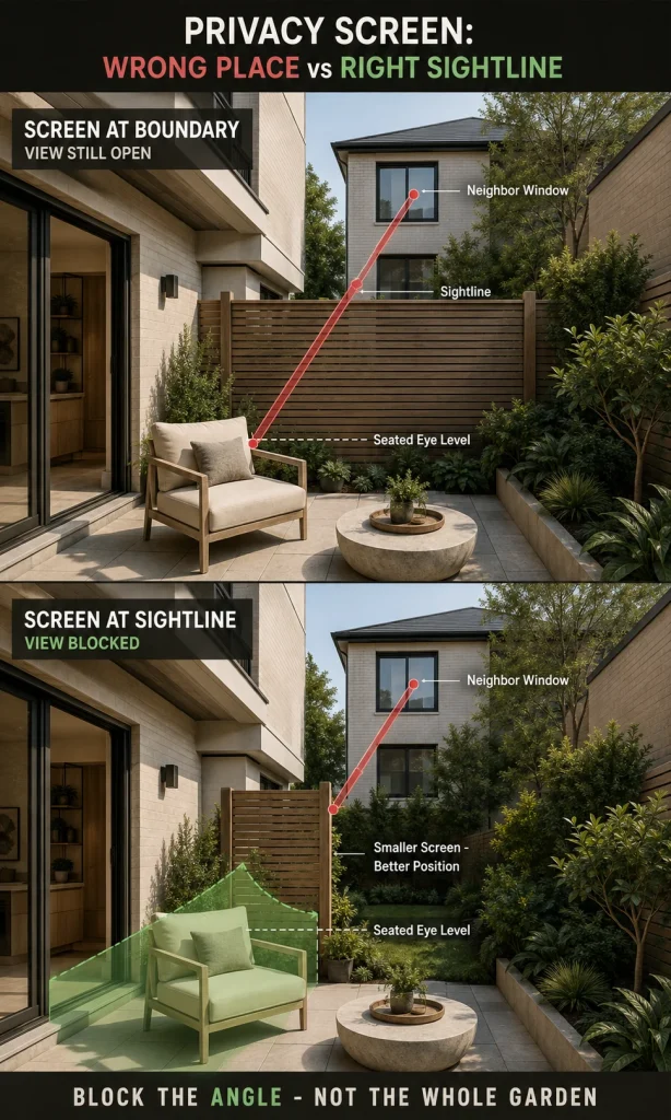 Patio privacy diagram comparing a screen at the property boundary with a screen placed to block the actual neighbor sightline