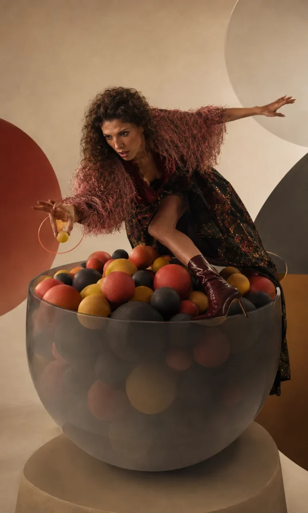 Woman balancing over an almost full abstract container while adding one tiny sphere, illustrating reduced coping capacity.