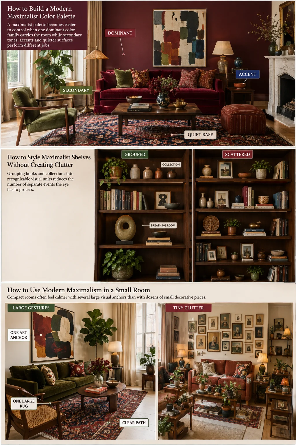 Small apartment maximalist comparison showing large visual anchors instead of many scattered small decorations