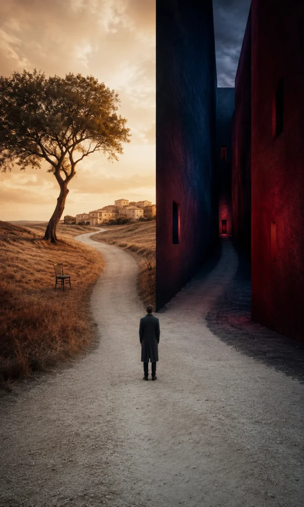 Surreal split pathway comparing healthy solitude with depression-related social withdrawal