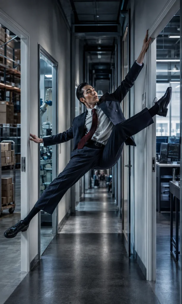 Job seeker moving between office, manufacturing, warehouse and professional career environments