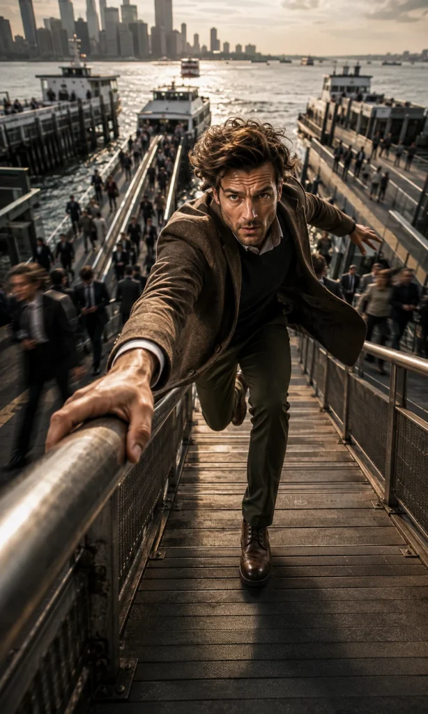 Man confidently boarding a moving city ferry while crowds continue traveling in several directions around him