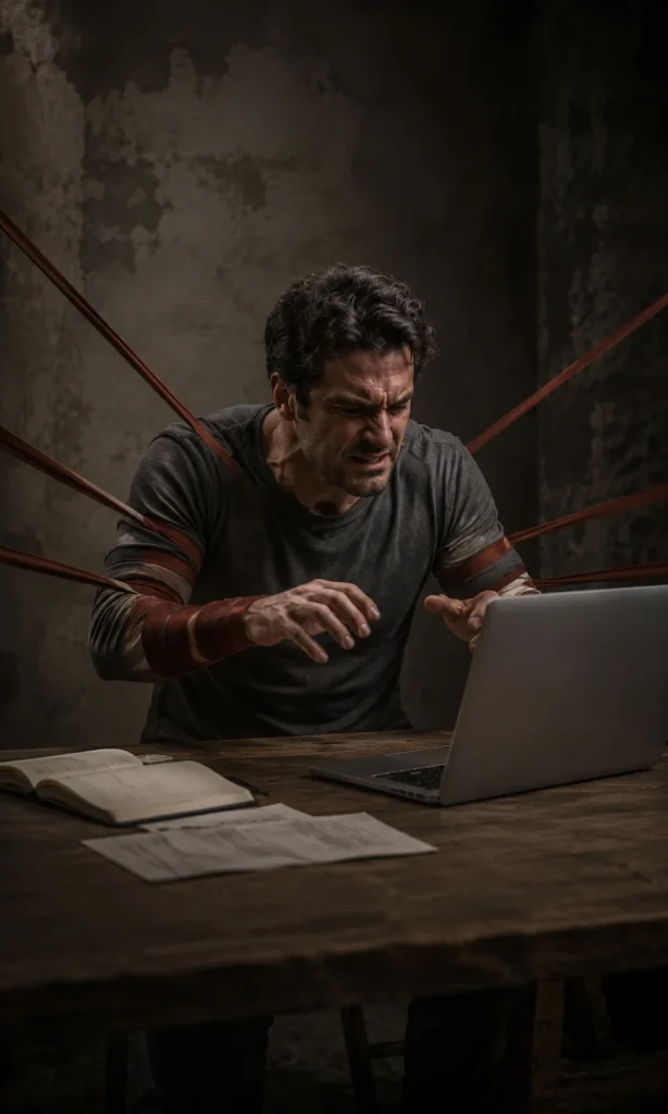 Man seated at a desk frozen in front of an open laptop while red tension cords pull lightly from his arms and shoulders