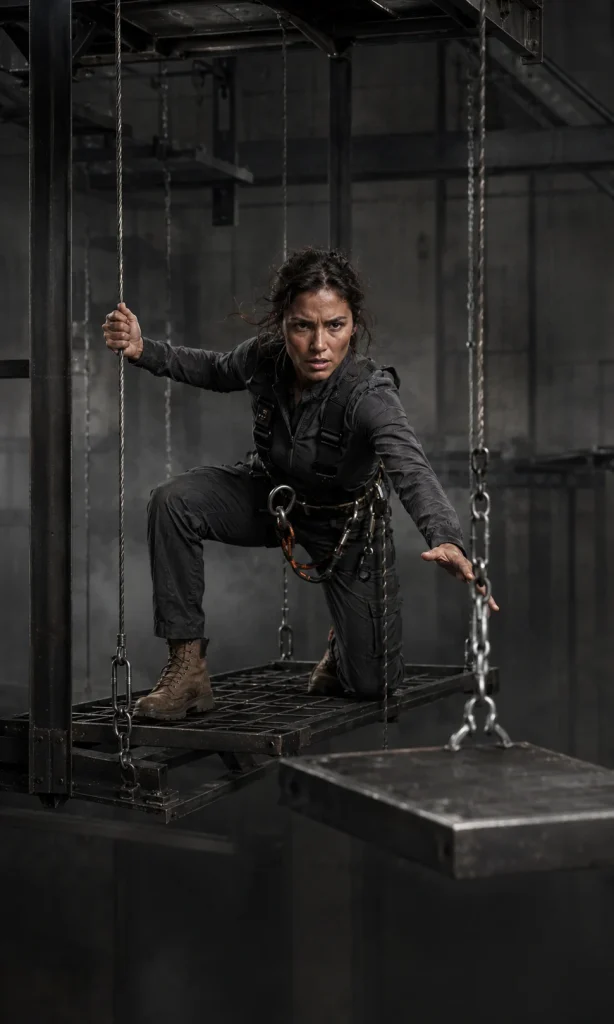 Woman standing on a suspended starting platform reaching toward the first step while hesitating in an industrial setting