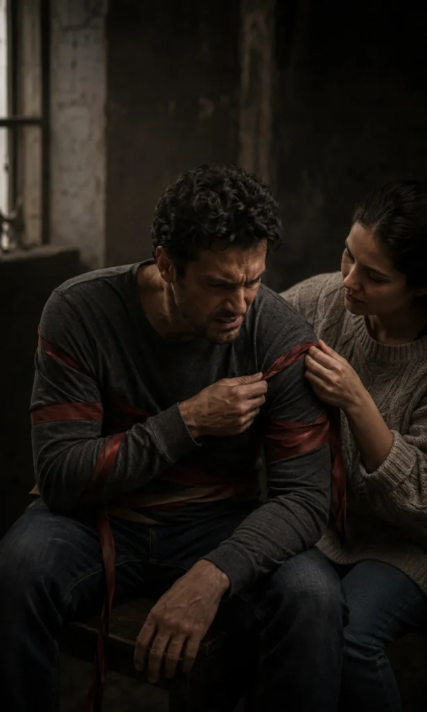 Man struggling against red restraint bands while a second person calmly helps loosen one band, symbolizing support during task paralysis