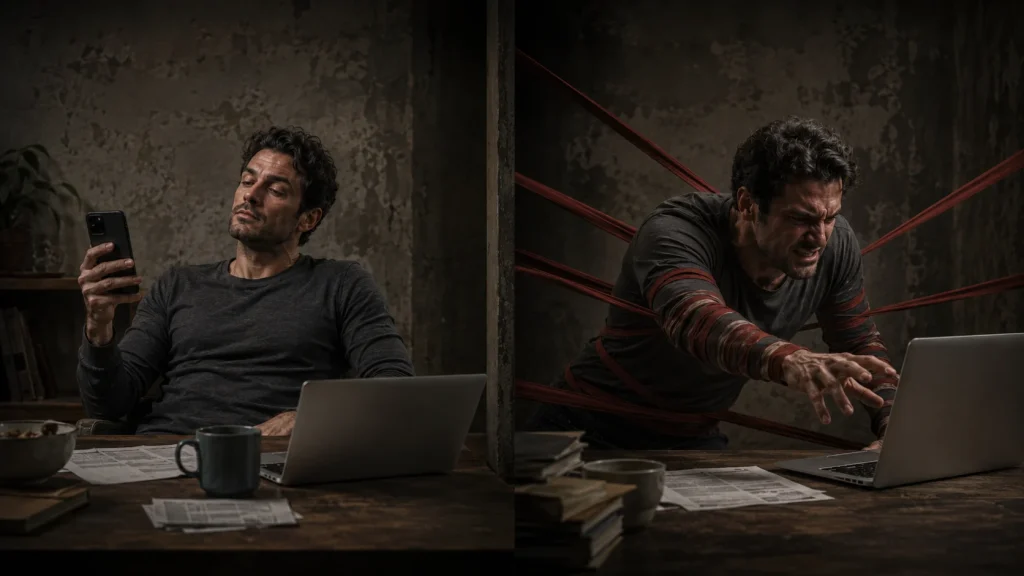 Split image showing one side with a relaxed man casually delaying work and the other side with the same man physically strained and unable to start