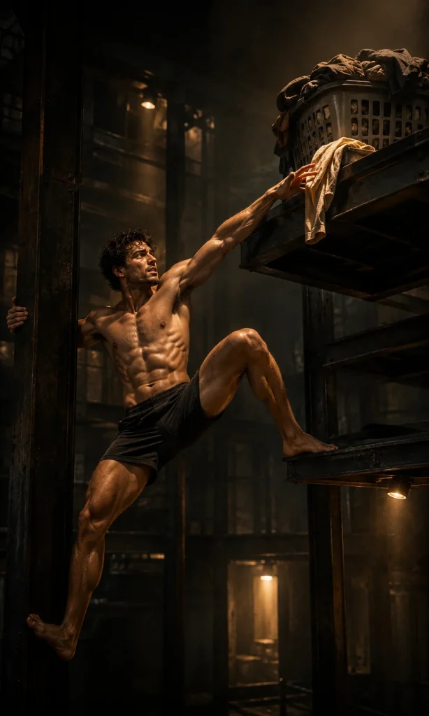 Shirtless man dramatically reaching for one item from an oversized laundry pile, representing graded tasks in behavioral activation.