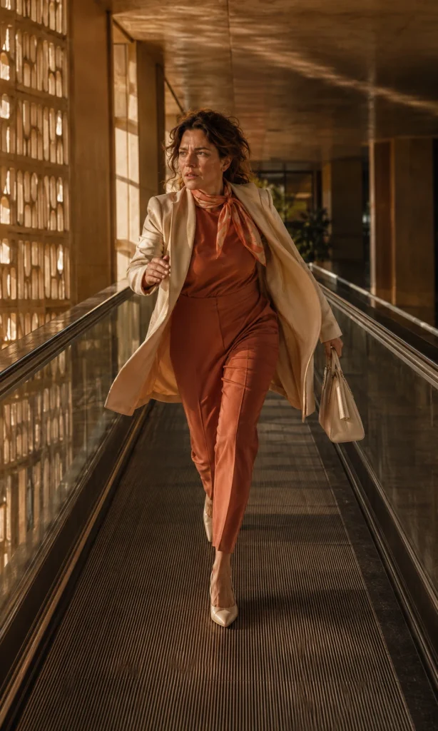 Woman rushing through closing elevator doors while carrying work and daily responsibilities