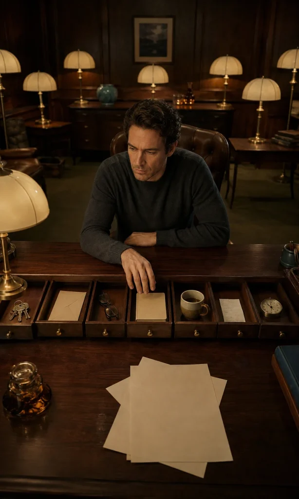 Adult at a retro desk surrounded by repeated choices representing concentration and decision-making difficulties