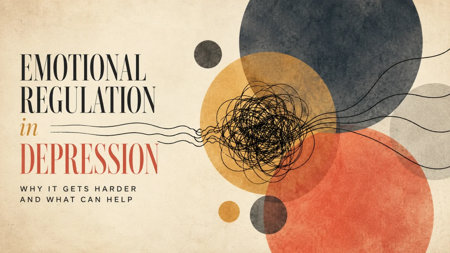 Surreal abstract illustration of emotional regulation in depression, with flowing black lines becoming tangled among overlapping charcoal, coral and yellow circles before gradually separating again.