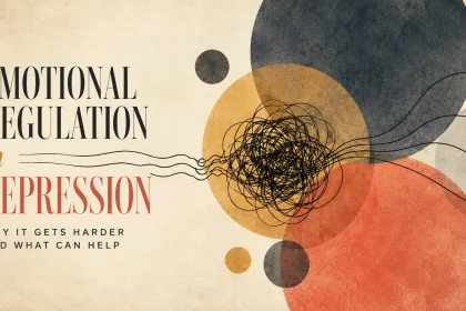 Surreal abstract illustration of emotional regulation in depression, with flowing black lines becoming tangled among overlapping charcoal, coral and yellow circles before gradually separating again.