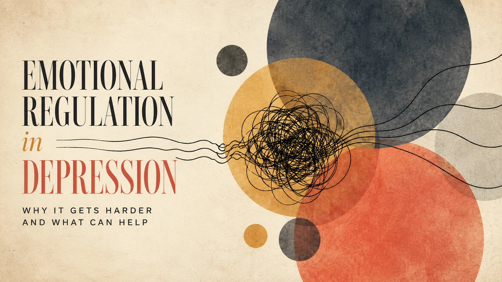 Surreal abstract illustration of emotional regulation in depression, with flowing black lines becoming tangled among overlapping charcoal, coral and yellow circles before gradually separating again.