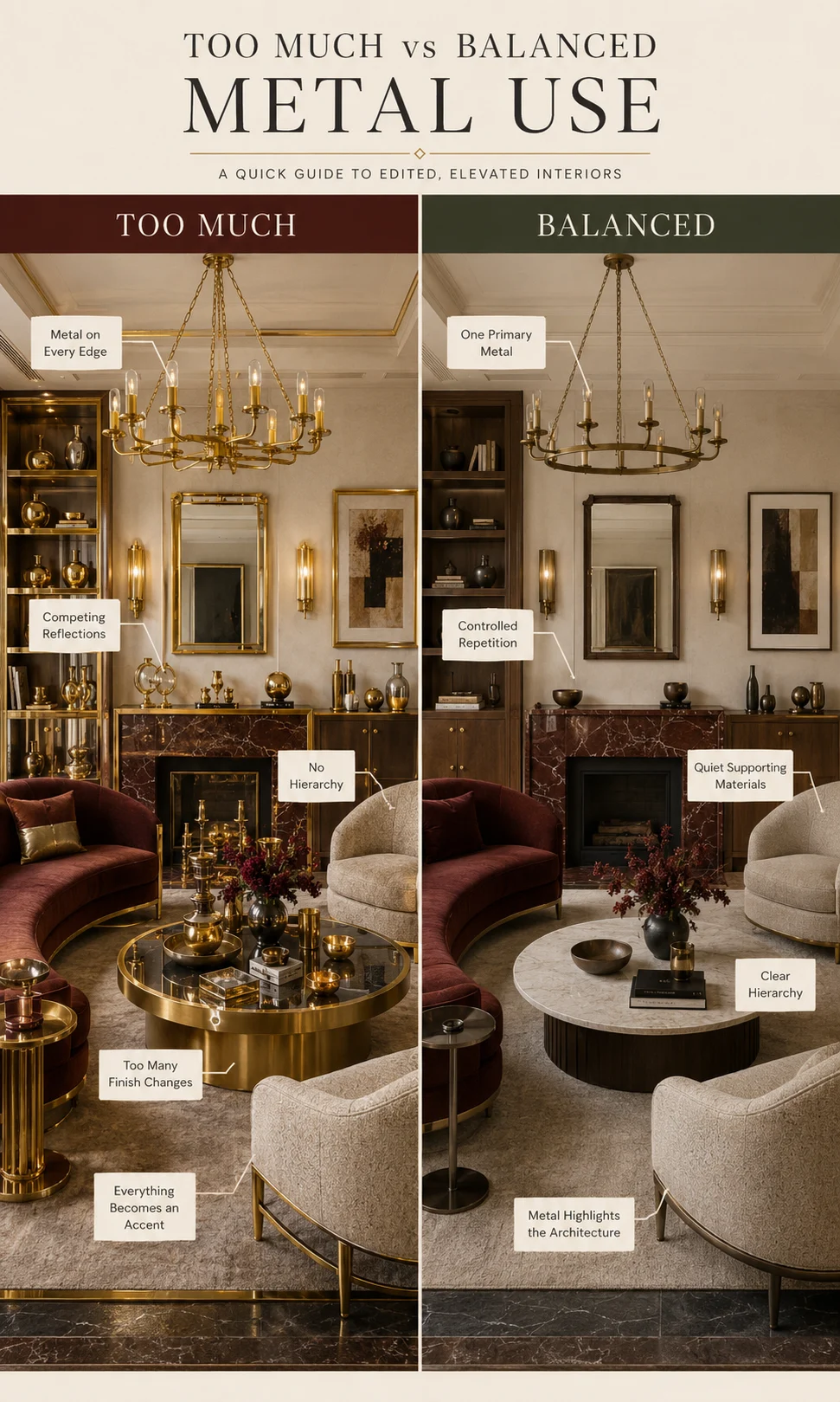Comparison of excessive metallic finishes and balanced metal use in a luxury interior