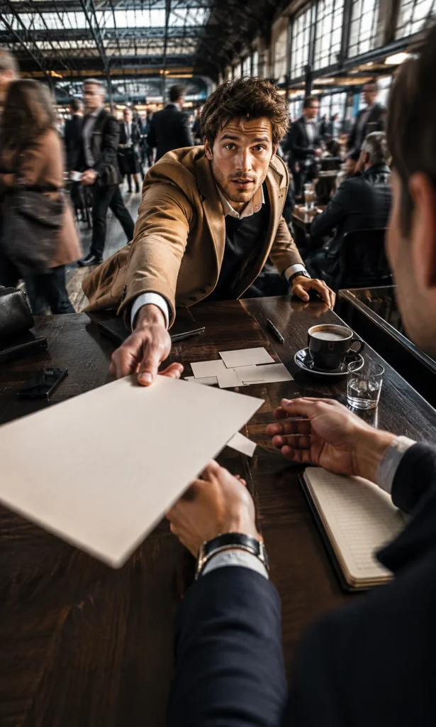 Man rapidly sliding decision papers across a table to another person in a crowded city cafe