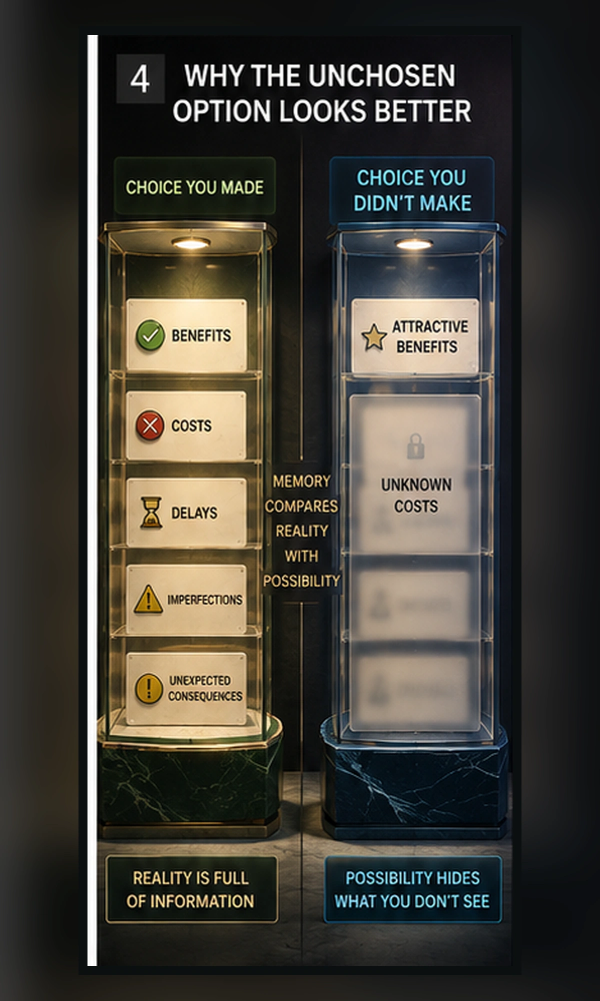 Infographic showing how the chosen option reveals real costs while the unchosen alternative remains partly imagined