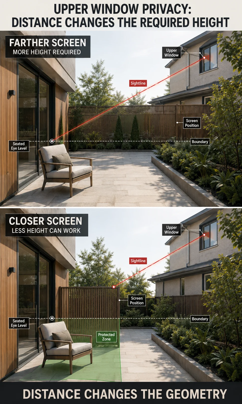 Sectional diagram showing how moving a privacy screen closer to patio seating can block an upper-floor window with less height