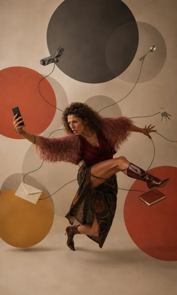 Woman pulling open a translucent wall to reveal hidden layers of emotional load behind one small envelope.