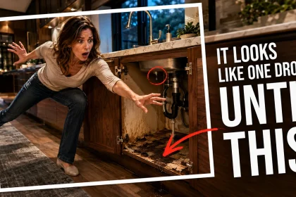 Woman reacting to a hidden leak and swollen cabinet under a kitchen sink