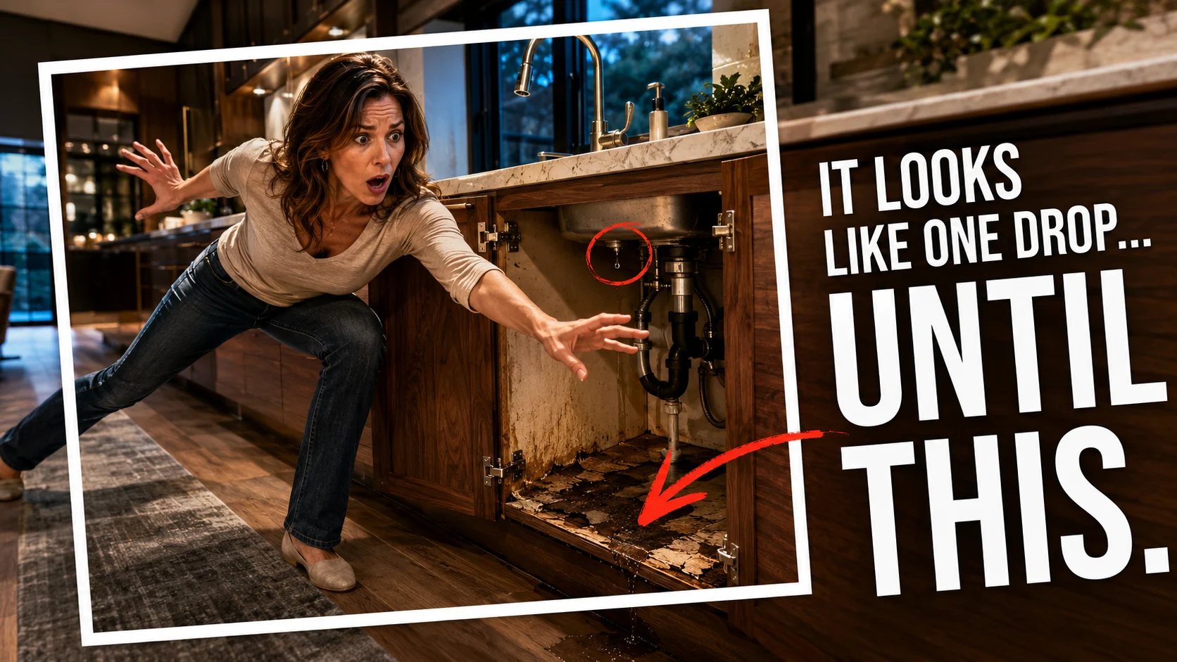 Woman reacting to a hidden leak and swollen cabinet under a kitchen sink
