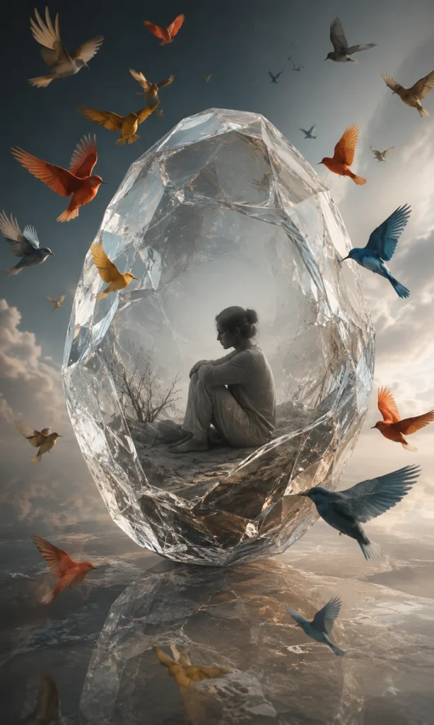 Surreal illustration of colourful emotions unable to reach a person inside a transparent crystal shell.