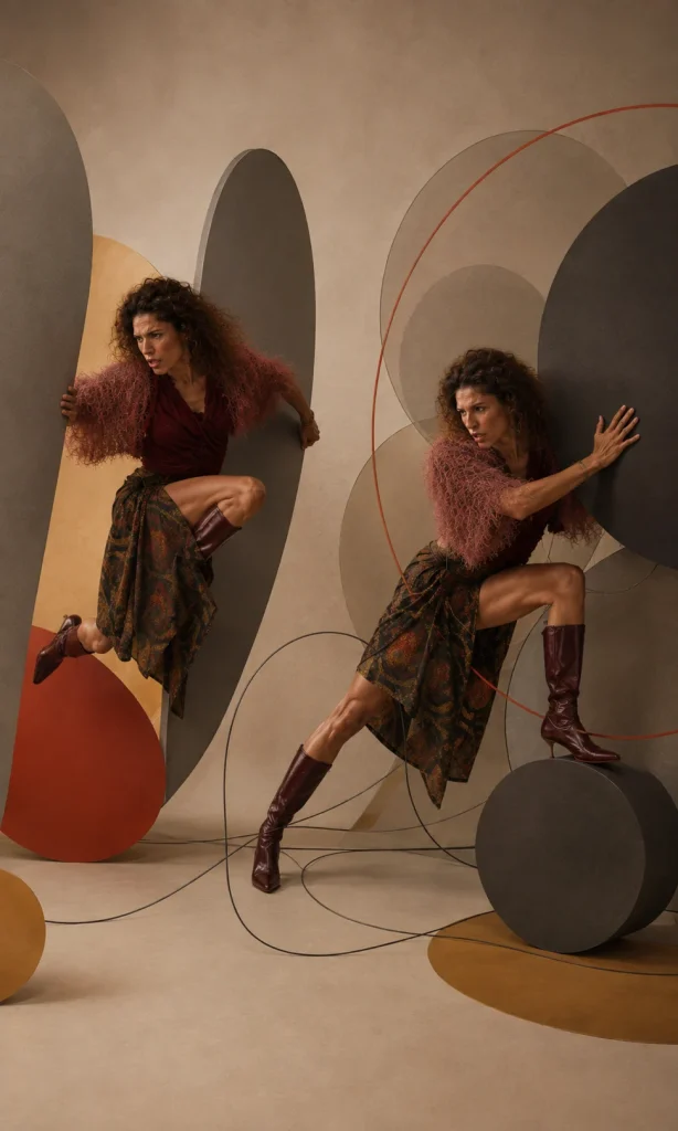 Woman twisting between several ordinary objects connected by black lines, representing everyday overwhelm.