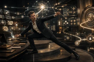 Alt text: Business professional directing an agentic AI system that plans, uses tools, completes tasks and adapts its actions toward a goal.