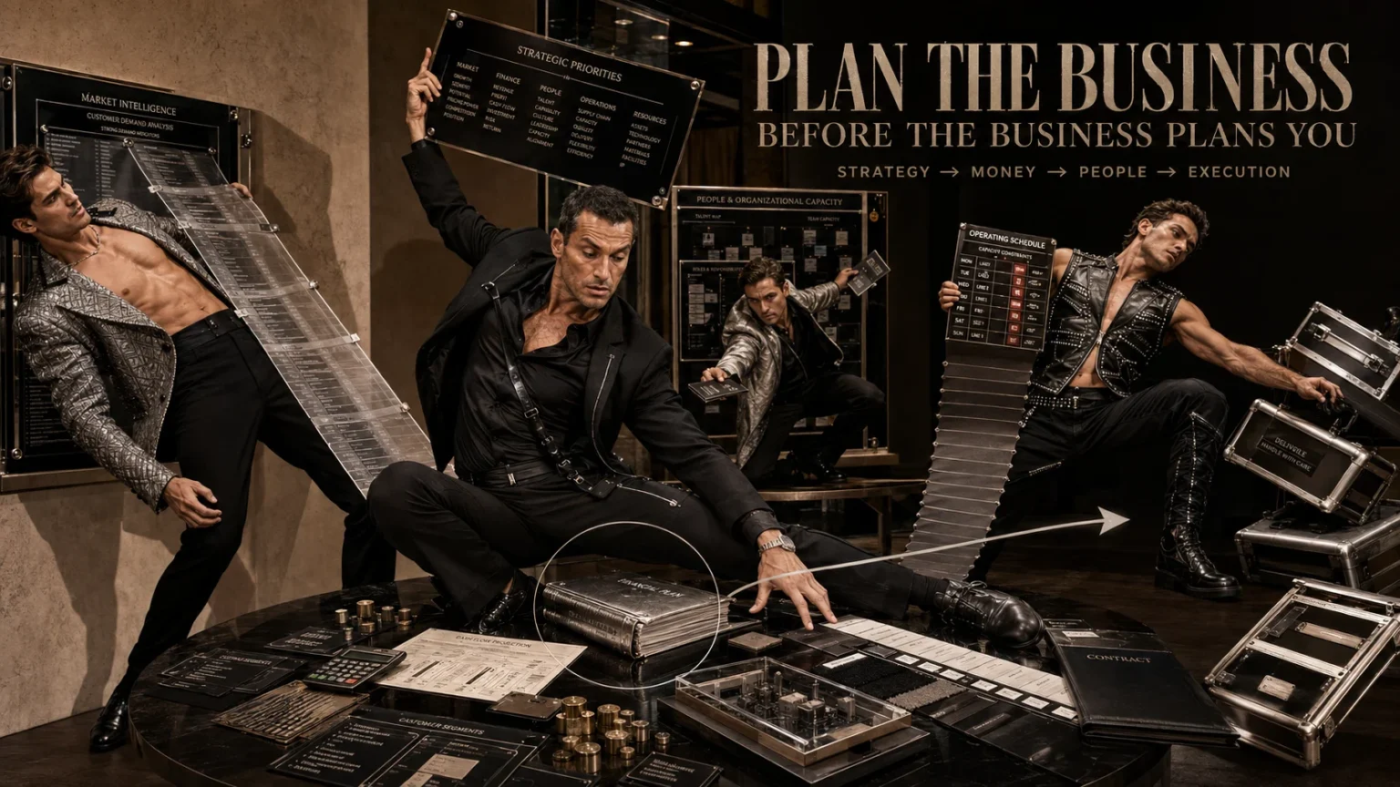 Business owner coordinating strategy, finances, people and operations in a dramatic editorial representation of business planning.