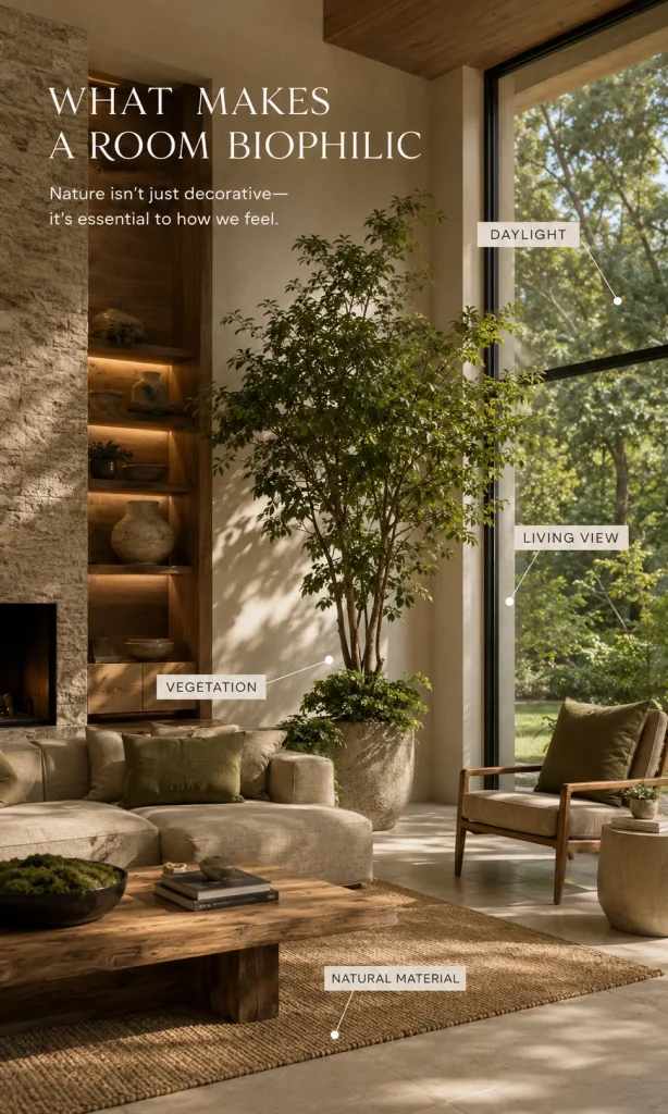 Biophilic living room infographic highlighting daylight, living views, vegetation and natural materials