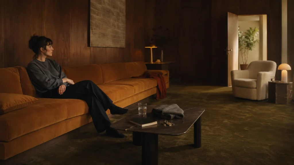 Adult looking toward an open doorway and empty chair representing seeking professional support