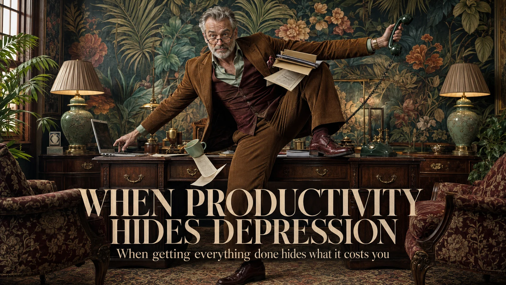 Professional man performing several office tasks at once in an exaggerated pose, illustrating how productivity can hide depression and exhaustion