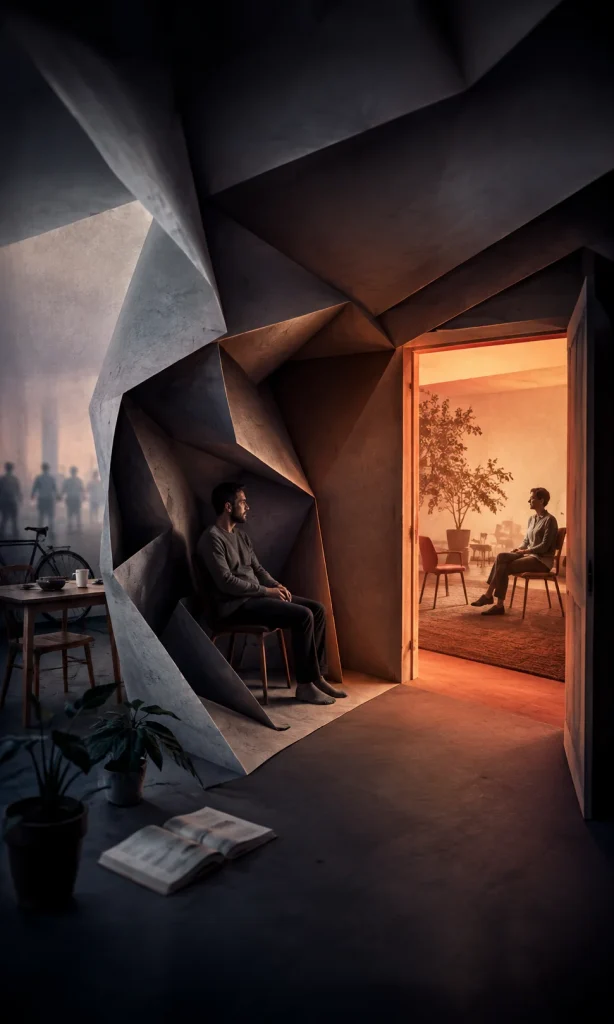 Person inside a shrinking surreal room with an open doorway representing seeking support for social withdrawal