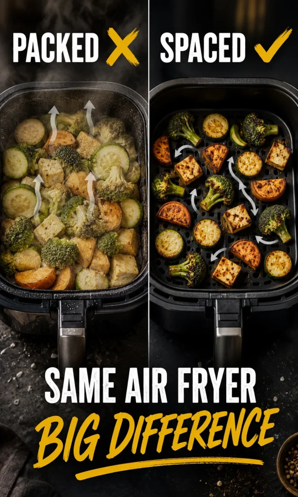 Comparison showing overcrowded soggy air fryer food versus crisp properly spaced food