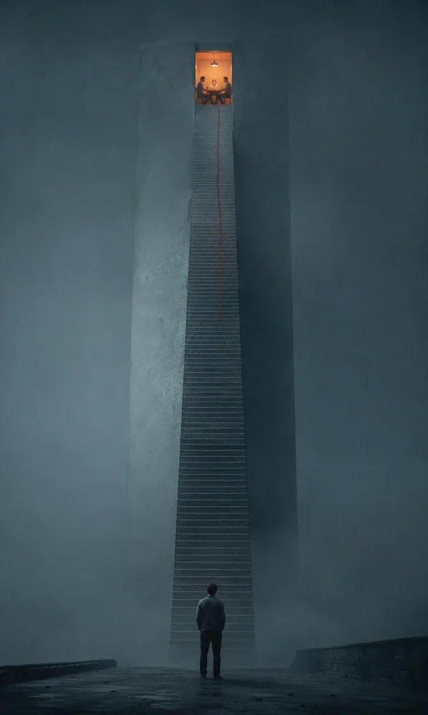 Surreal person facing an impossibly long staircase toward friends during depression
