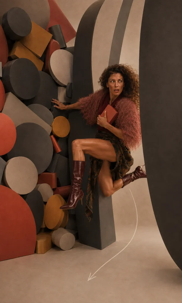 Woman attempting a tiny puzzle while balancing enormous abstract structures around her.