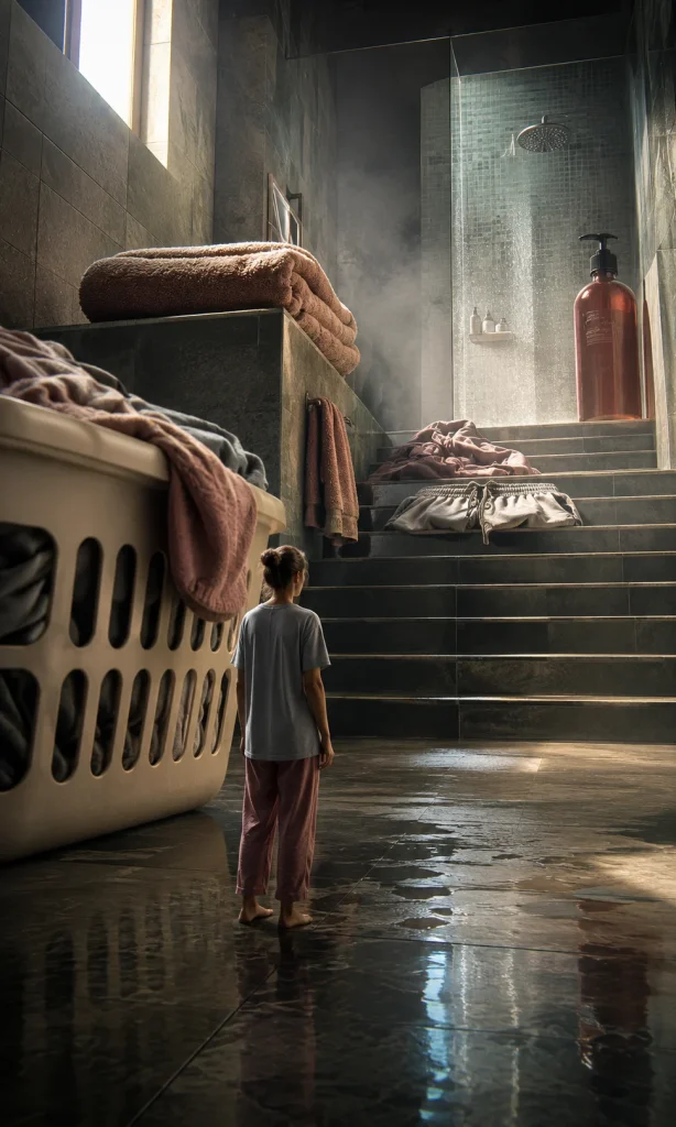 Surreal bathroom where reaching the shower requires climbing many oversized steps