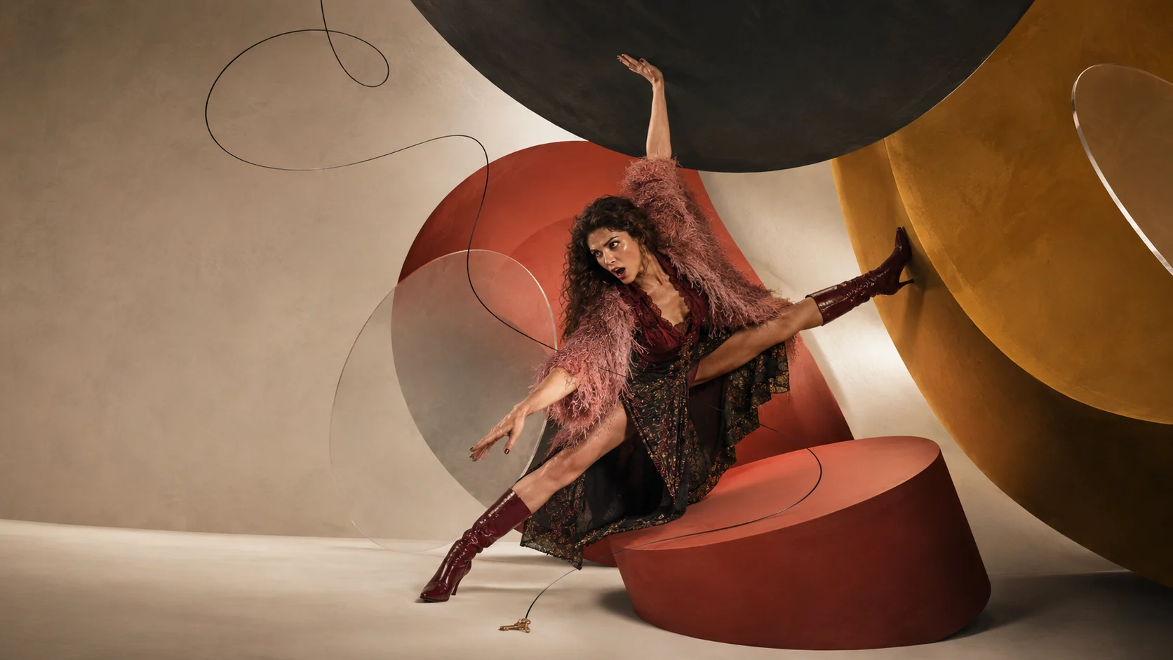 Woman dramatically reaching for a tiny dropped key while enormous abstract circles surround her, representing why small problems can feel overwhelming.