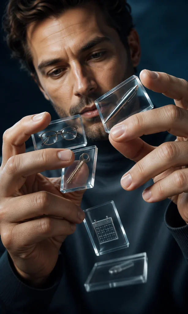 Close-up of a person holding transparent task tiles that begin sliding out of sequence