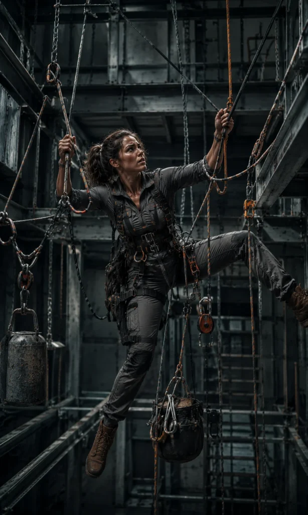 Woman in motion holding onto several suspended ropes and tools at once, representing mental overload and working memory strain