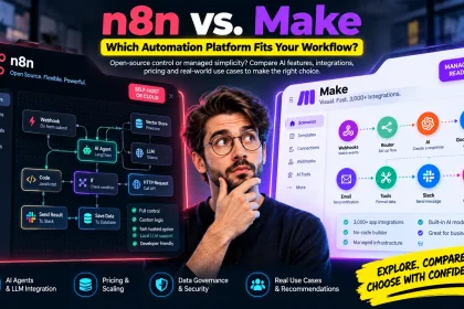 Split-screen comparison showing n8n node-based agent canvas alongside Make visual scenario builder modules.