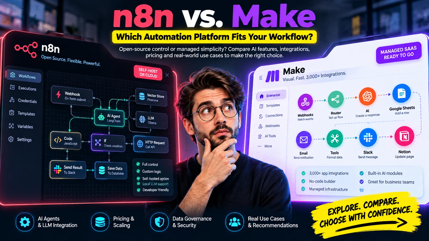 Split-screen comparison showing n8n node-based agent canvas alongside Make visual scenario builder modules.