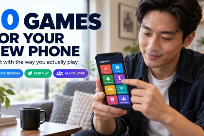 Man choosing between game categories on an unbranded smartphone beside a headline about ten games for a new phone.