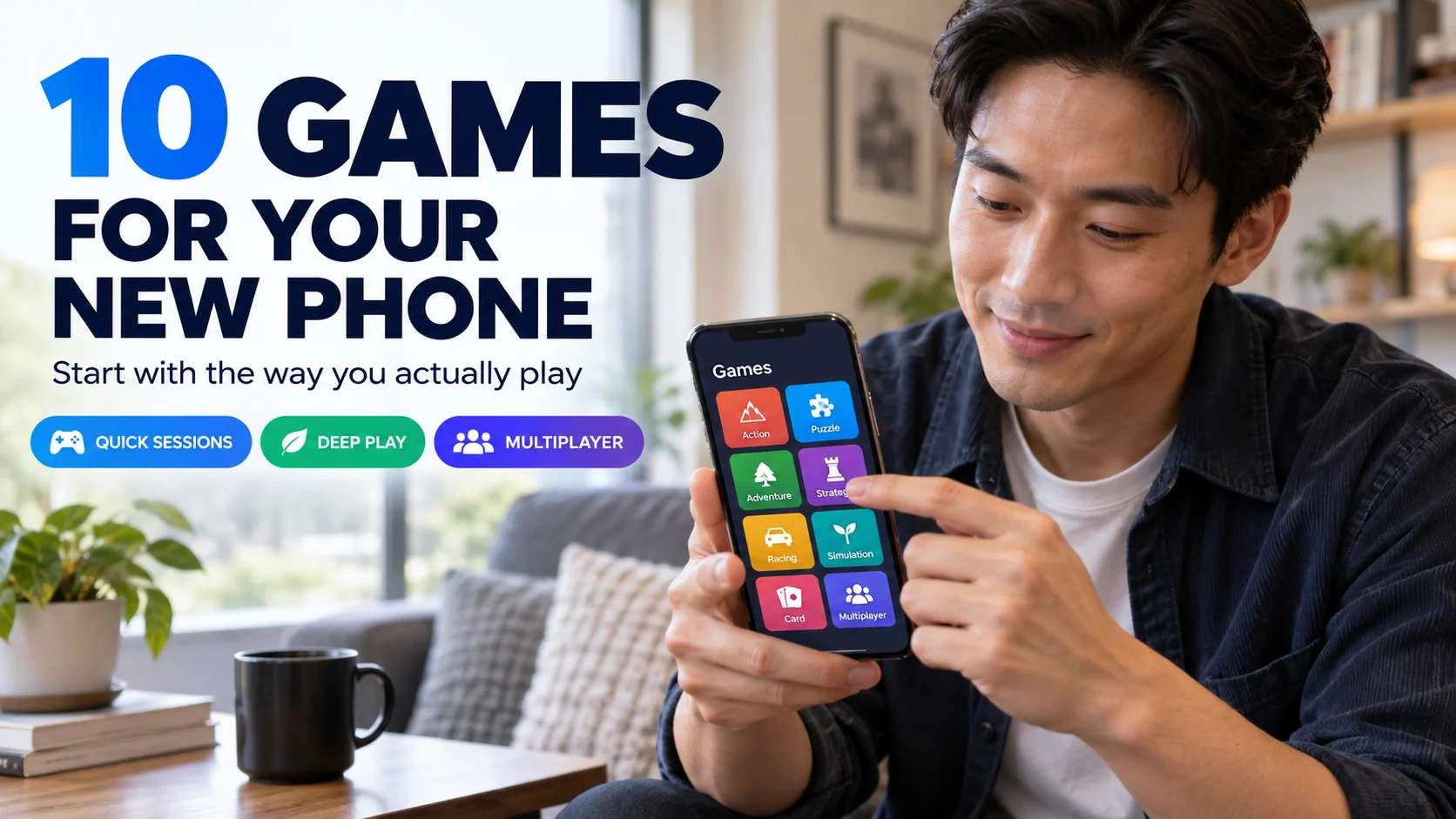 Man choosing between game categories on an unbranded smartphone beside a headline about ten games for a new phone.