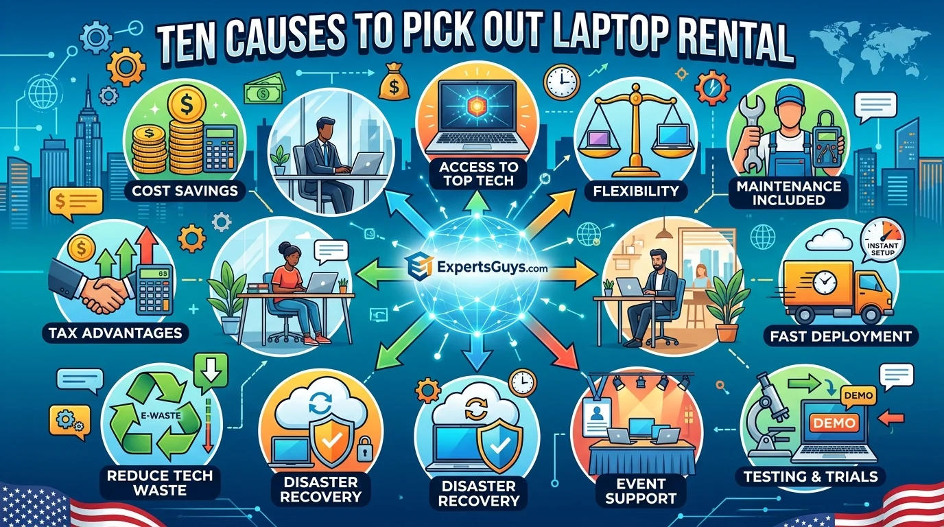 An energetic 16:9 infographic illustrating 10 reasons to pick laptop rental, featuring ten distinct panels with concise headings, illustrations of users and a dynamic central network for ExpertsGuys.com. It lists reasons like Cost Savings, Access to Top Tech, Flexibility, Maintenance Included, Tax Advantages, Fast Deployment, Reduce Tech Waste, Disaster Recovery, Event Support, and Testing & Trials. The style is modern American illustration with a vibrant color scheme.