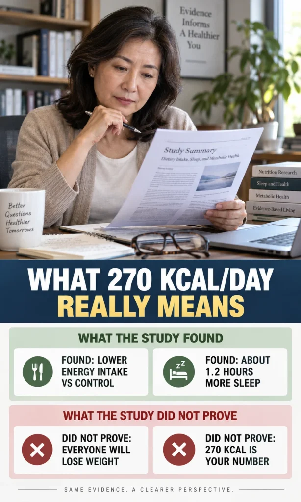 Comparison visual explaining what the 270-calorie sleep study found and what it did not prove.