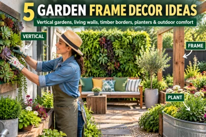 Woman tending a framed vertical succulent garden beside timber posts, flower planters, a living wall and outdoor seating in a landscaped backyard.