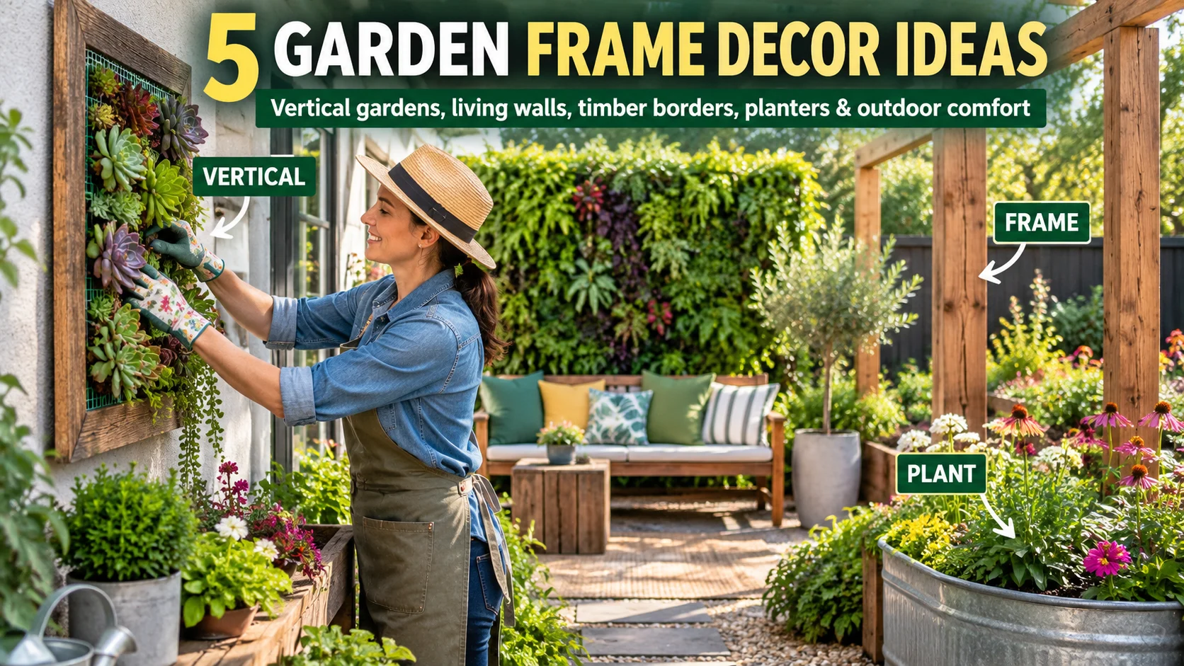 Woman tending a framed vertical succulent garden beside timber posts, flower planters, a living wall and outdoor seating in a landscaped backyard.