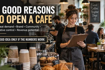 Cafe owner reviewing operations inside a busy coffee shop with headline text summarizing five reasons to open a cafe and a warning to verify the numbers.